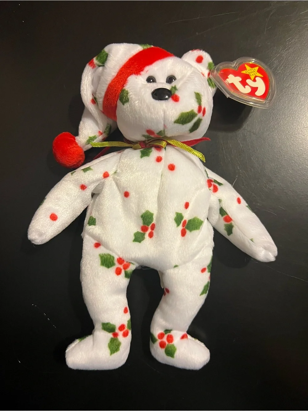 Ty Holiday Beanie Bear with Red & Green Holly Pattern